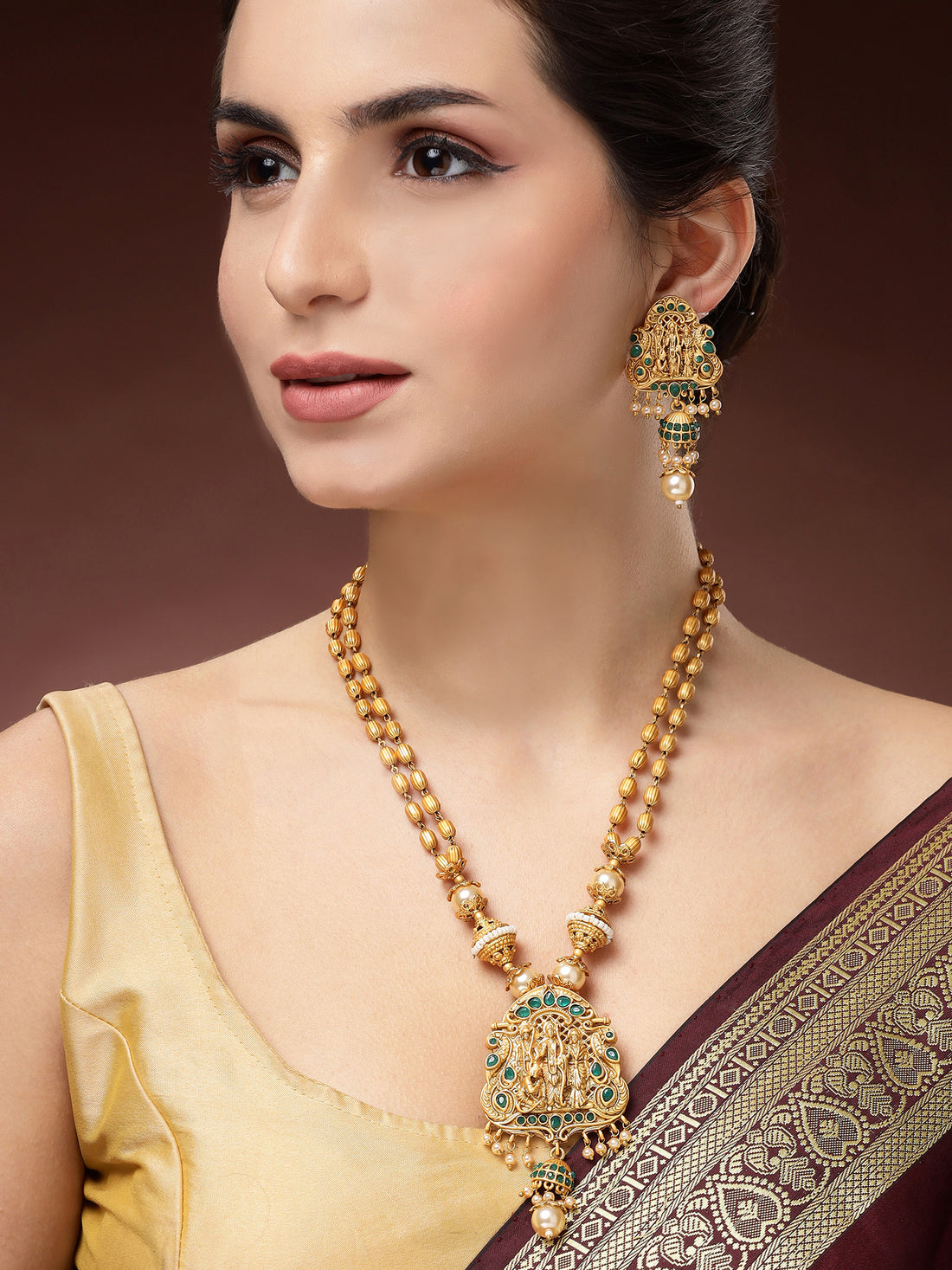 Karatcart Gold-Plated Shri Ram Pendant Rani Haar Necklace Set with Green Stones for Women