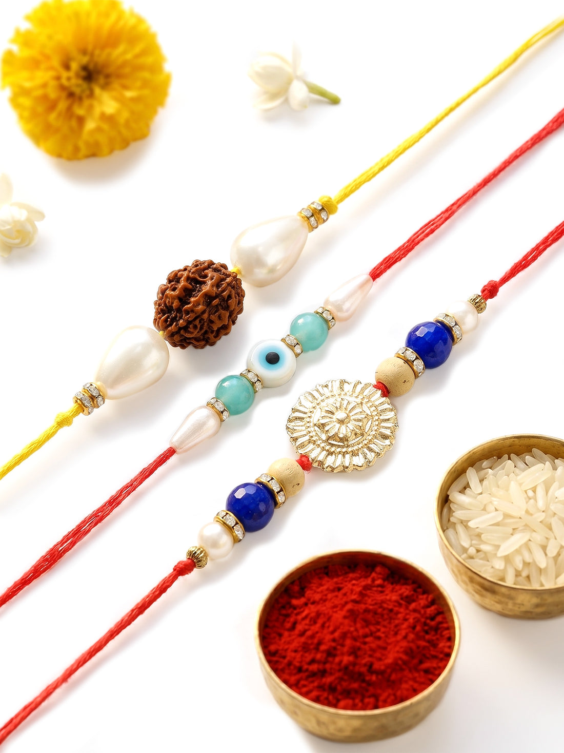 KARATCART Set of 3 Handmade Rudraksha and Kundan Rakhis for Brother with Roli & Chawal