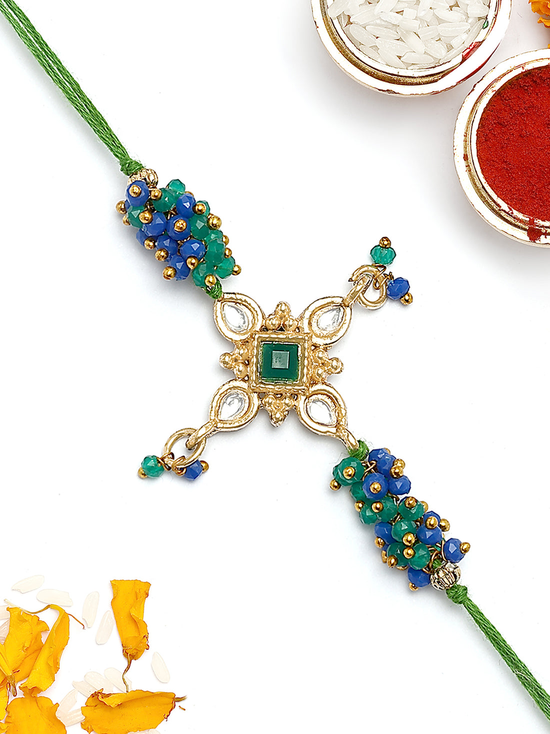 KARATCART Gold Plated Green and Blue Crystal Floral Kundan Bhaiya Rakhi with Roli & Chawal