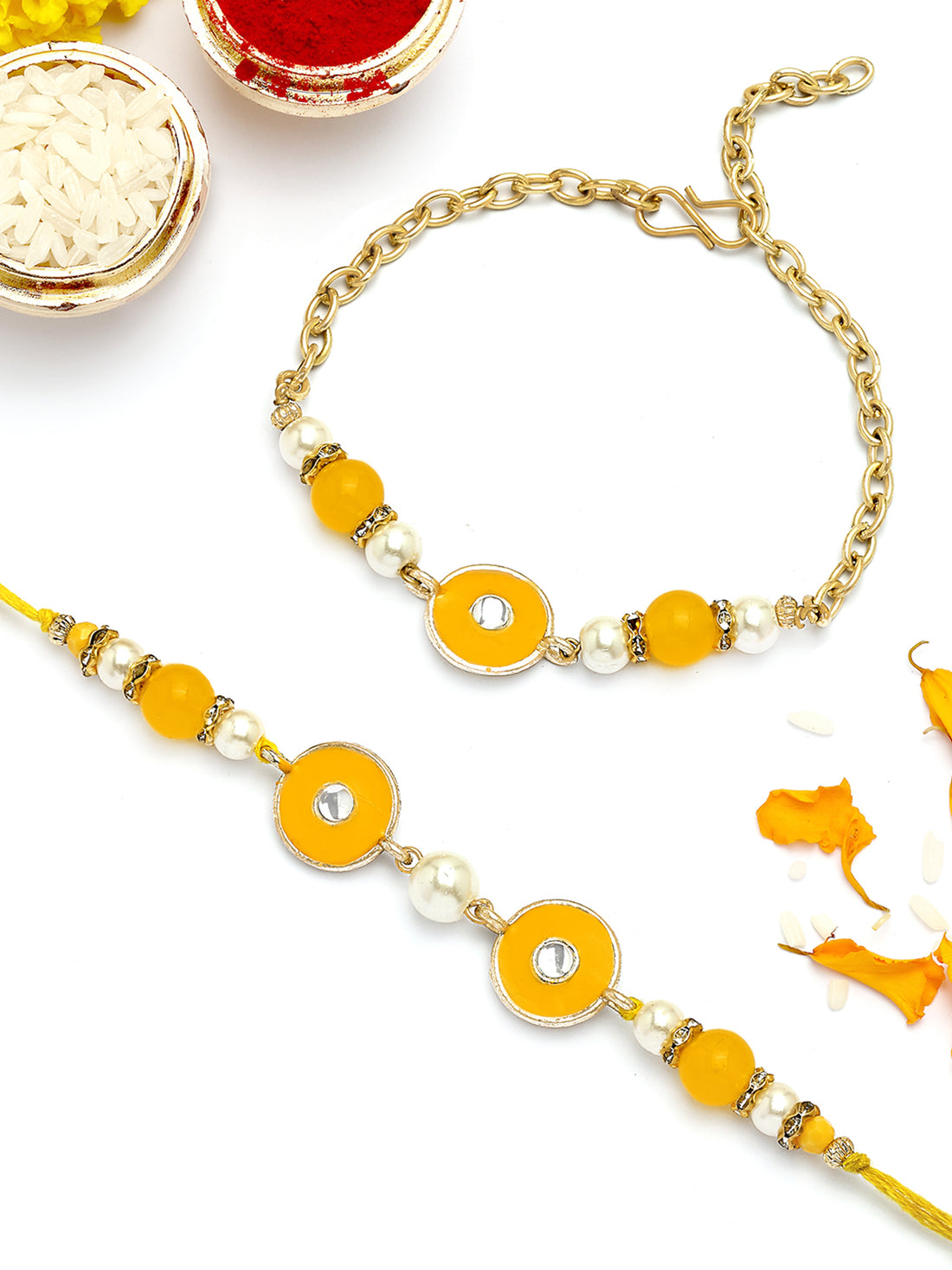 KARATCART Gold Plated Yellow Meena and Pearl Kundan Bhaiya Bhabhi Rakhi with Roli & Chawal