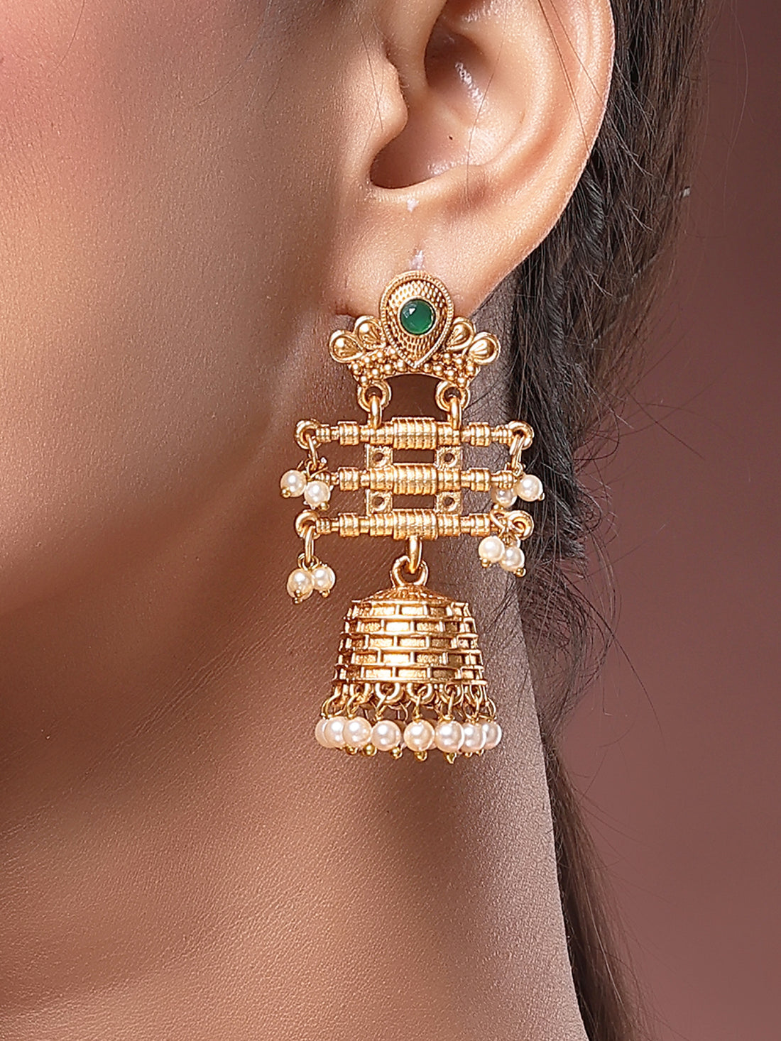 Karatcart Antique Gold Plated Traditional Temple Jhumka Earrings with Pearls for Women