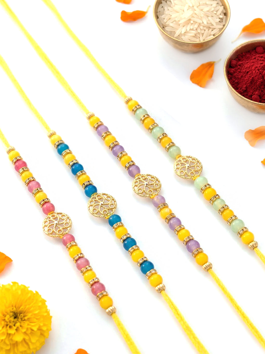 KARATCART Set of 4 Multicolor Beaded Designer Kundan Rakhi for Brother with Roli & Chawal