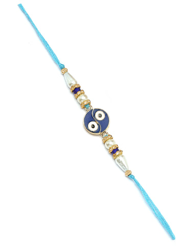 Karatcart Set of 3 White and Blue Enamel Evil Eye Rakhi for Brother with Roli & Chawal