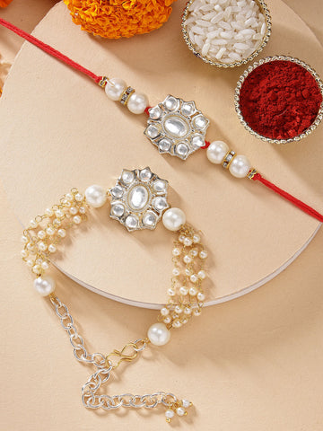 KARATCART Floral Design Pearl Beaded Handmade Kundan Bhaiya Bhabhi Rakhi with Roli and Chawal