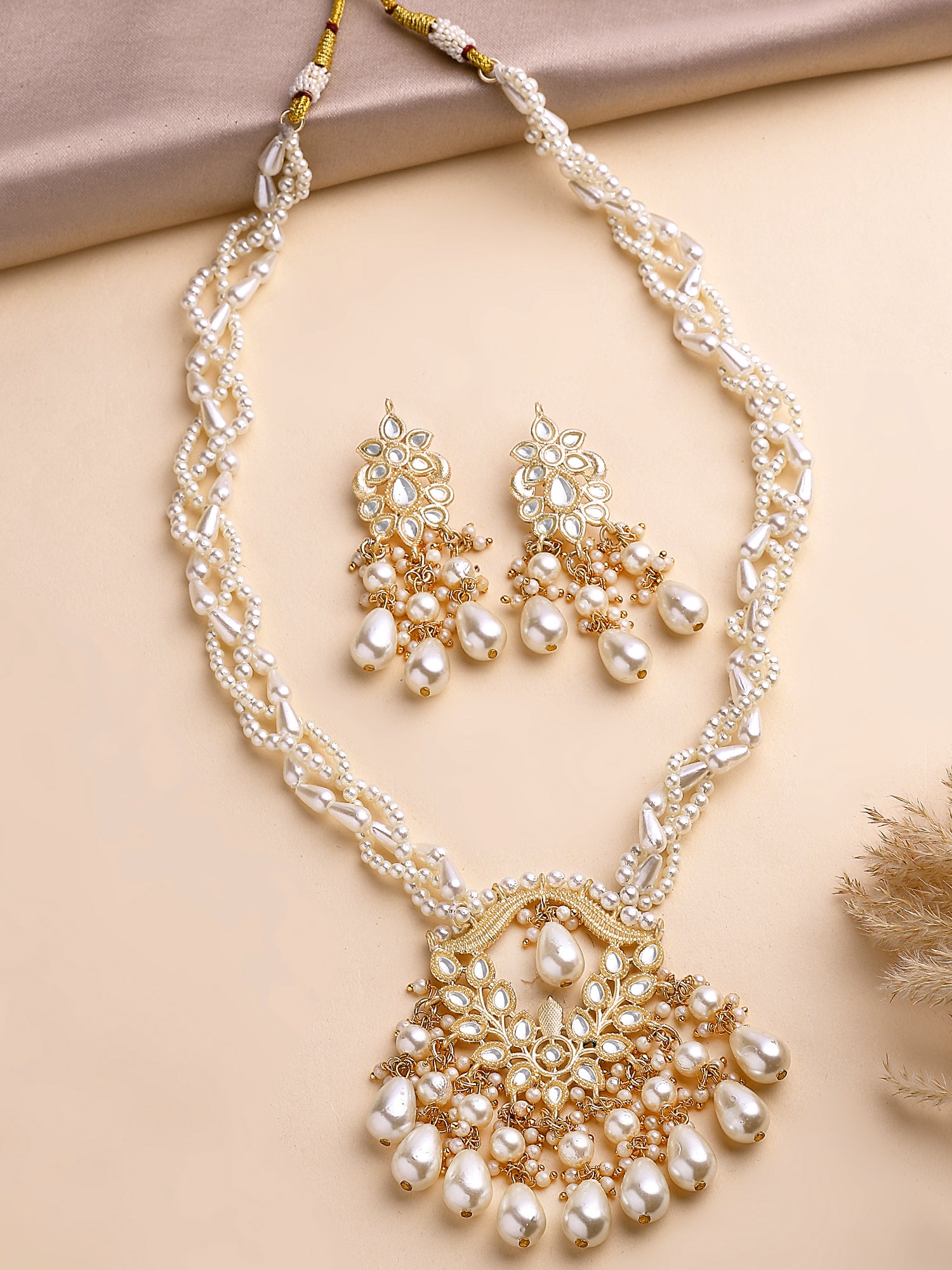 KARATCART Classic Gold-Plated Pearl Beaded Rani Haar Necklace Set for Women