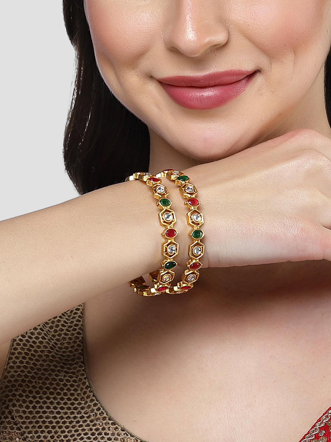 Karatcart Set of 2 Gold Plated Kundan Red and Green Stone Bangles for Women
