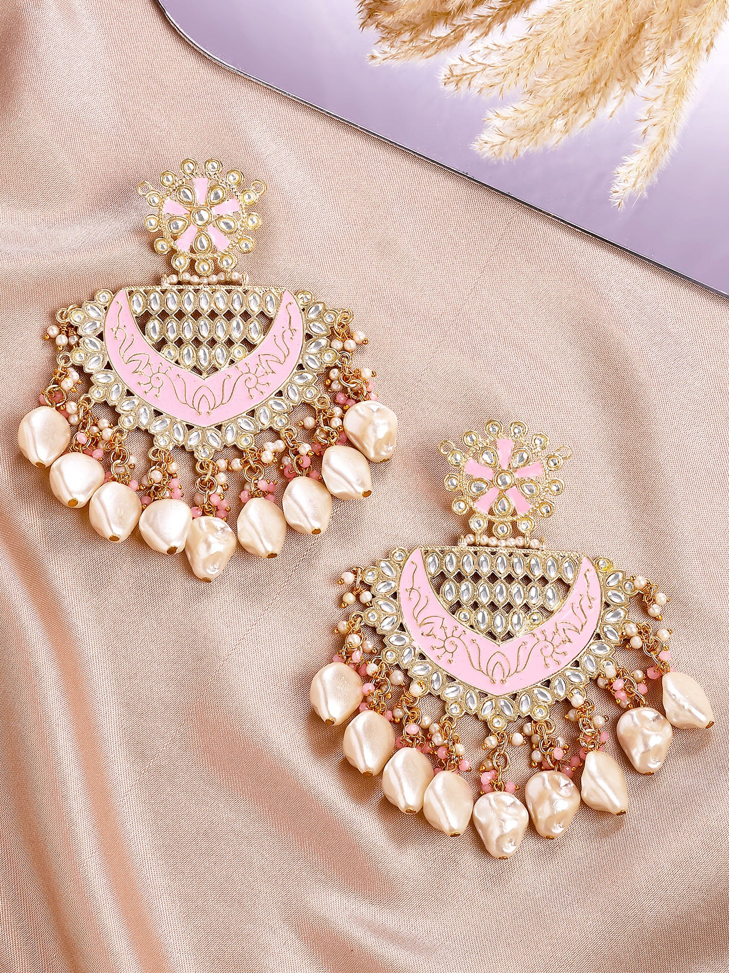 KARATCART Designer Gold-Plated Pink Meena and Pearl Studded Kundan Chandbali Earrings for Women