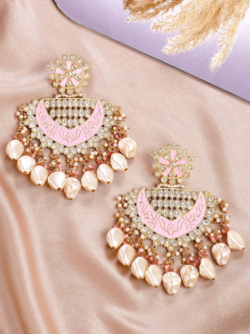 KARATCART Designer Gold-Plated Pink Meena and Pearl Studded Kundan Chandbali Earrings for Women