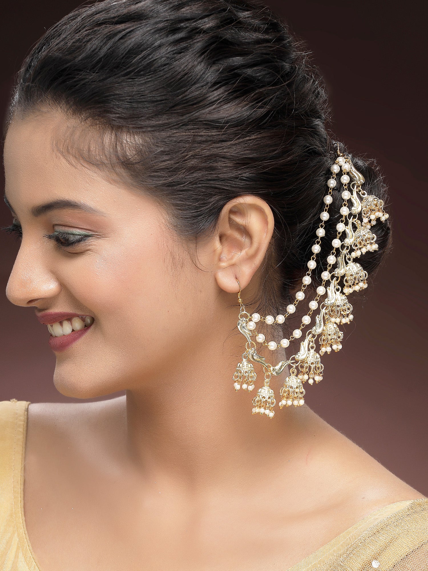 KARATCART Traditional Gold-Plated Peacock Kundan and Jhumki Kaanchain Earrings for Women