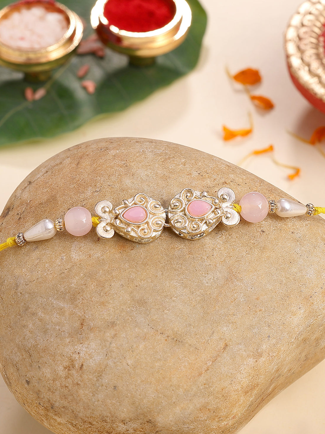 Karatcart Gold Plated Pink Beads Kundan Bhiya Rakhi with Roli & Chawal
