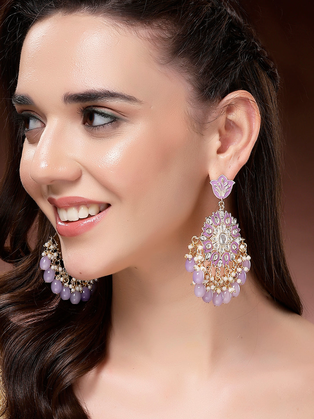 Karatcart Ethnic Purple Meenakari and Gold-Plated Kundan Dangler Earrings with Lavender Beads
