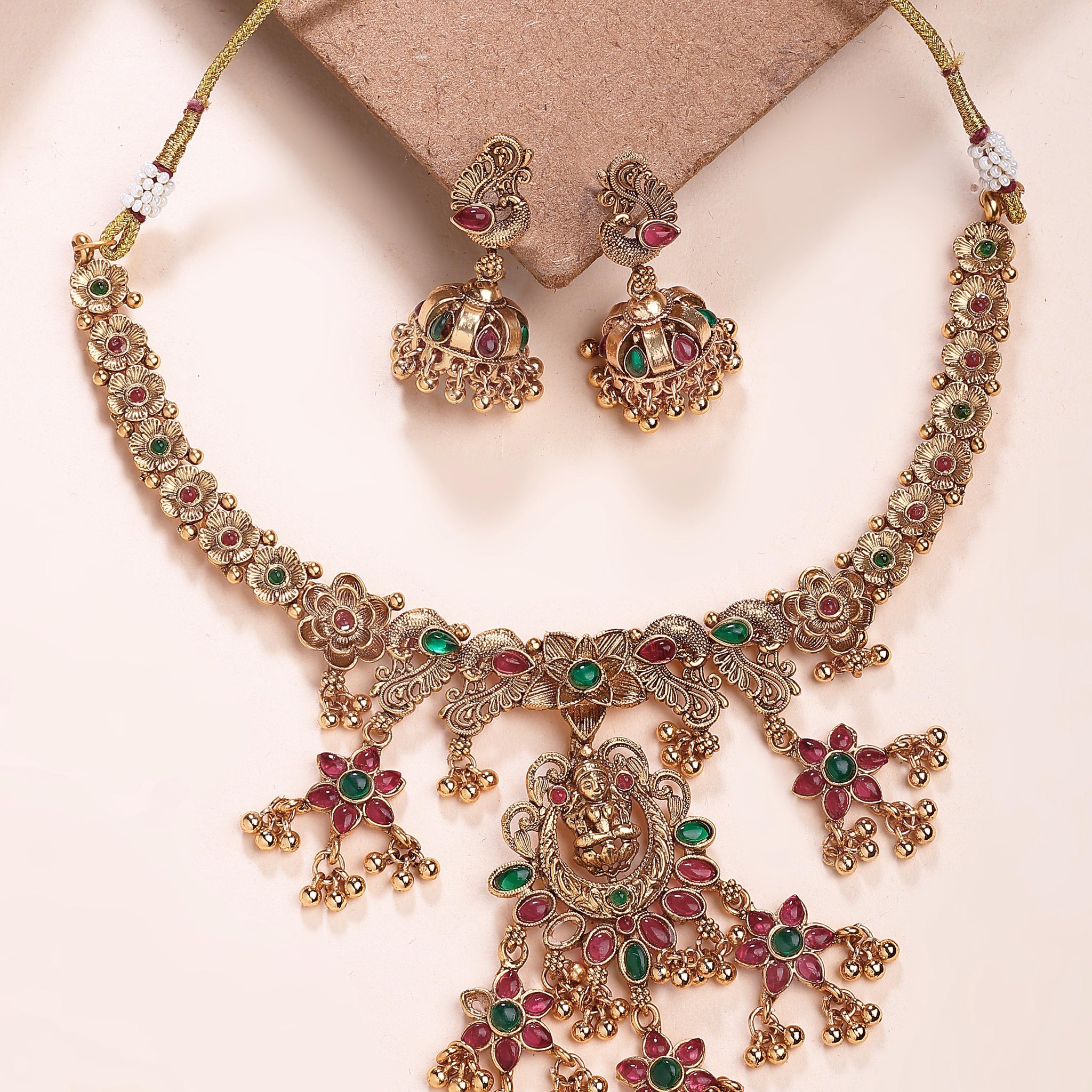 KARATCART Traditional Gold-Plated Goddess Laxmi Mata Temple Jewellery Set for Women
