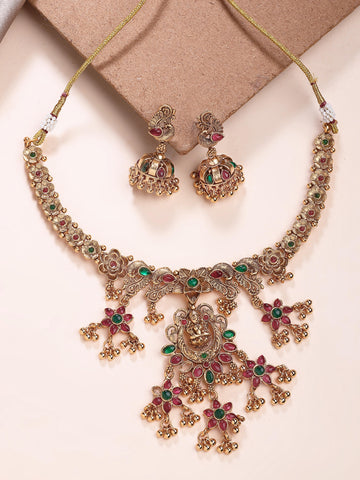 KARATCART Traditional Gold-Plated Goddess Laxmi Mata Temple Jewellery Set for Women