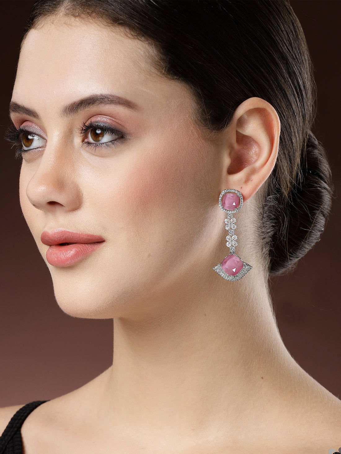 Karatcart Dazzling Pink American Diamond Stone Drop Earrings for Women