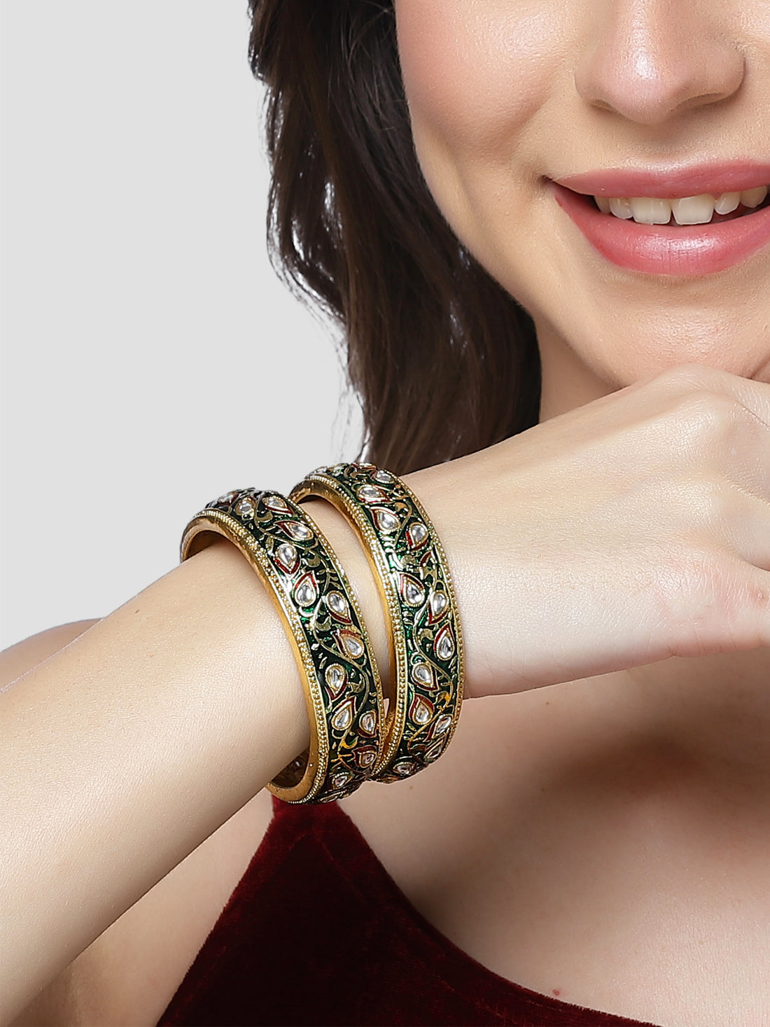 Karatcart Set of 2 Antique Green Meena Gold Plated Bangles for Women