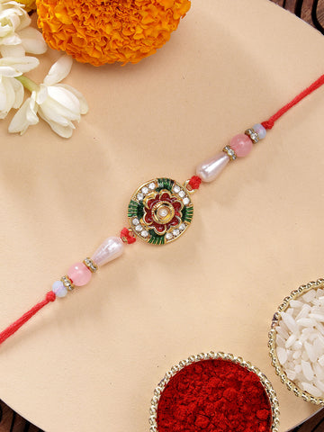 KARATCART Stylish Floral Design Red and Green Meena Handmade Rakhi for Brother with Roli Chawal