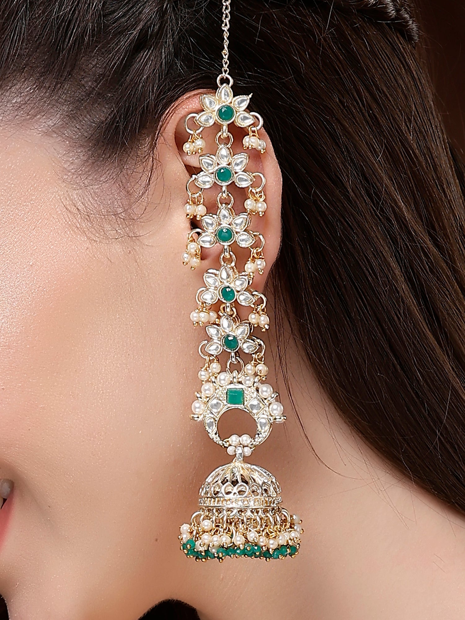 Karatcart Ethnic Gold-Plated Green Crystal Kundan Long Kaanchain Jhumka Earrings for Women - view 2