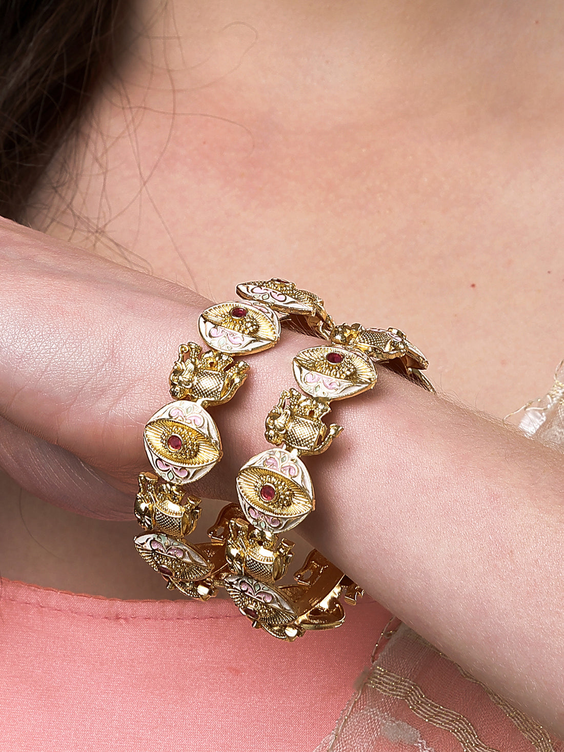 Karatcart Set of 2 Gold Plated Evil Eye Design Meena Bangles for Women