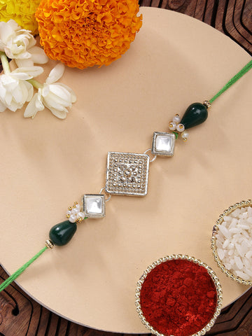 KARATCART Elegant Green Drop Bead Handmade Square Shape Kundan Rakhi for Brother with Roli & Chawal