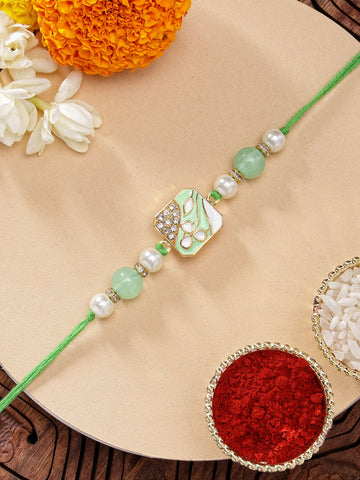 KARATCART Vibrant Light Green Meena Leaf Design Handmade Kundan Rakhi for Brother with Roli & Chawal