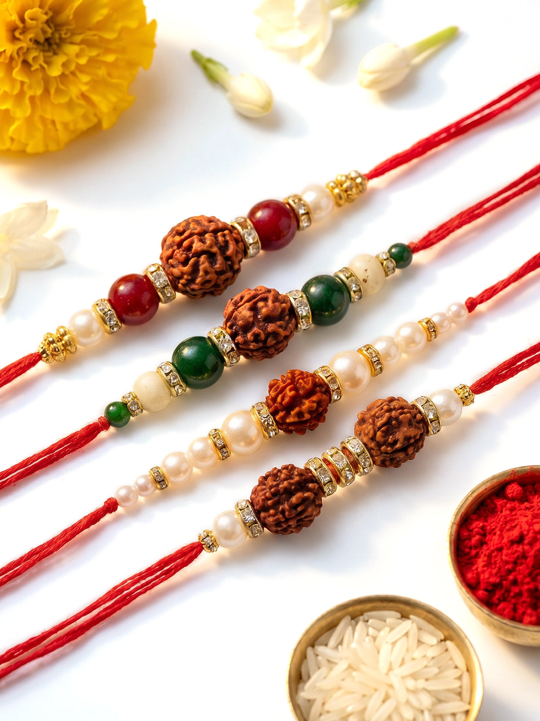 KARATCART Set of 4 Gold-Plated Kundan Rakhi with Roli Chawal for Brother