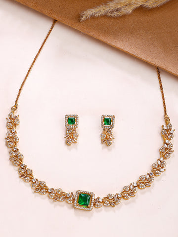 KARATCART Designer Floral Vine Design Green American Diamond Jewellery Set for Women