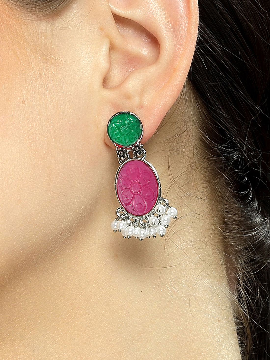 Karatcart Silver Tone Oval Shape Green & Pink Carved Stone Studded Drop Earrings for Women