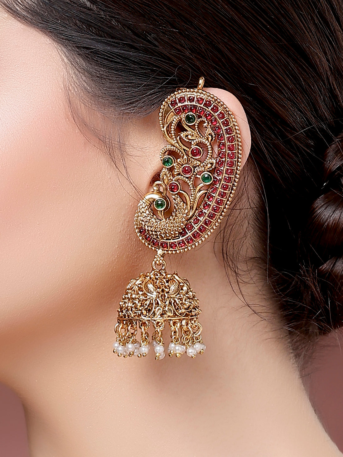 Karatcart Ethnic Gold-Plated Peacock Motif South Indian Style Jhumka Earrings for Women