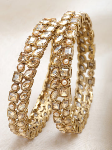 Karatcart Set of 2 Golden Kundan and Moti Studded Antique Gold Plated Bangles for Women