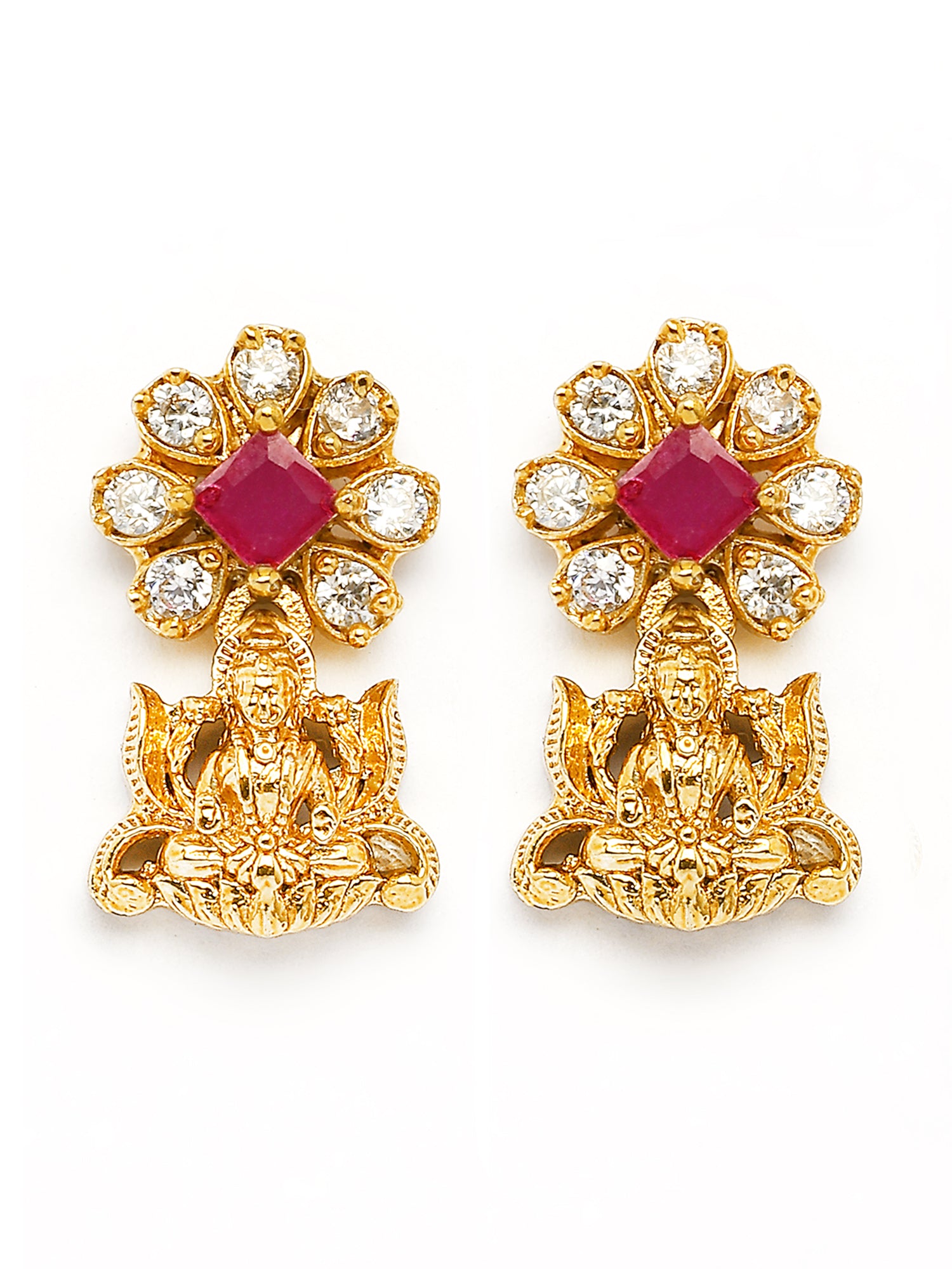 KARATCART Traditional Gold-Plated Laxmi Mata Red American Diamond Temple Jewellery Set for Women - view 4