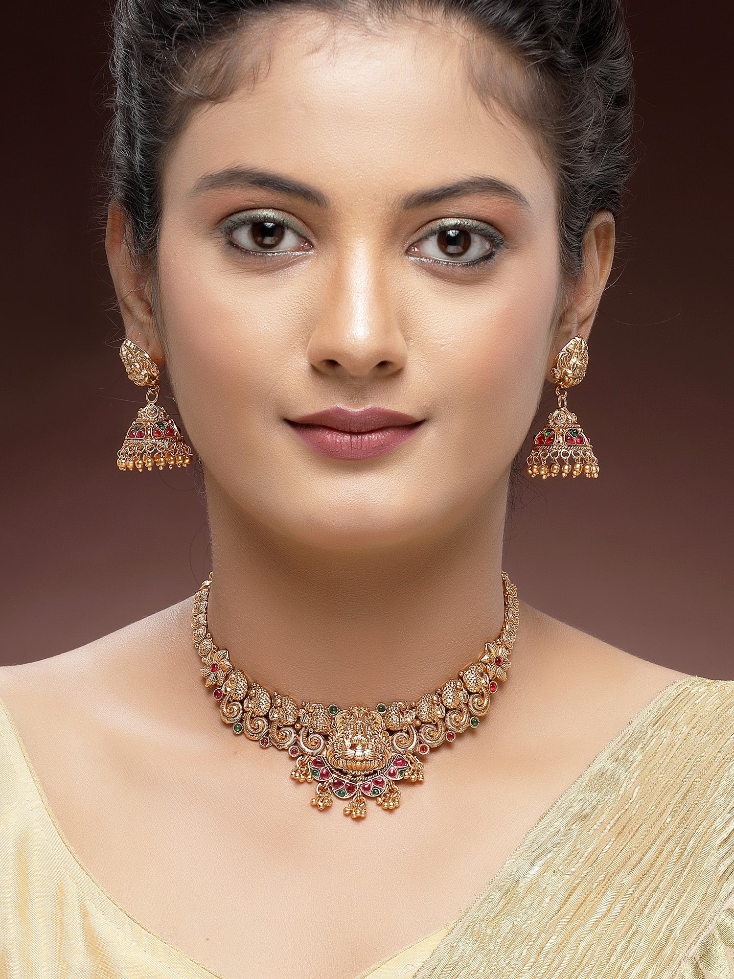 KARATCART Traditional Gold-Plated Laxmi Mata Temple Jewellery Set for Women - view 3