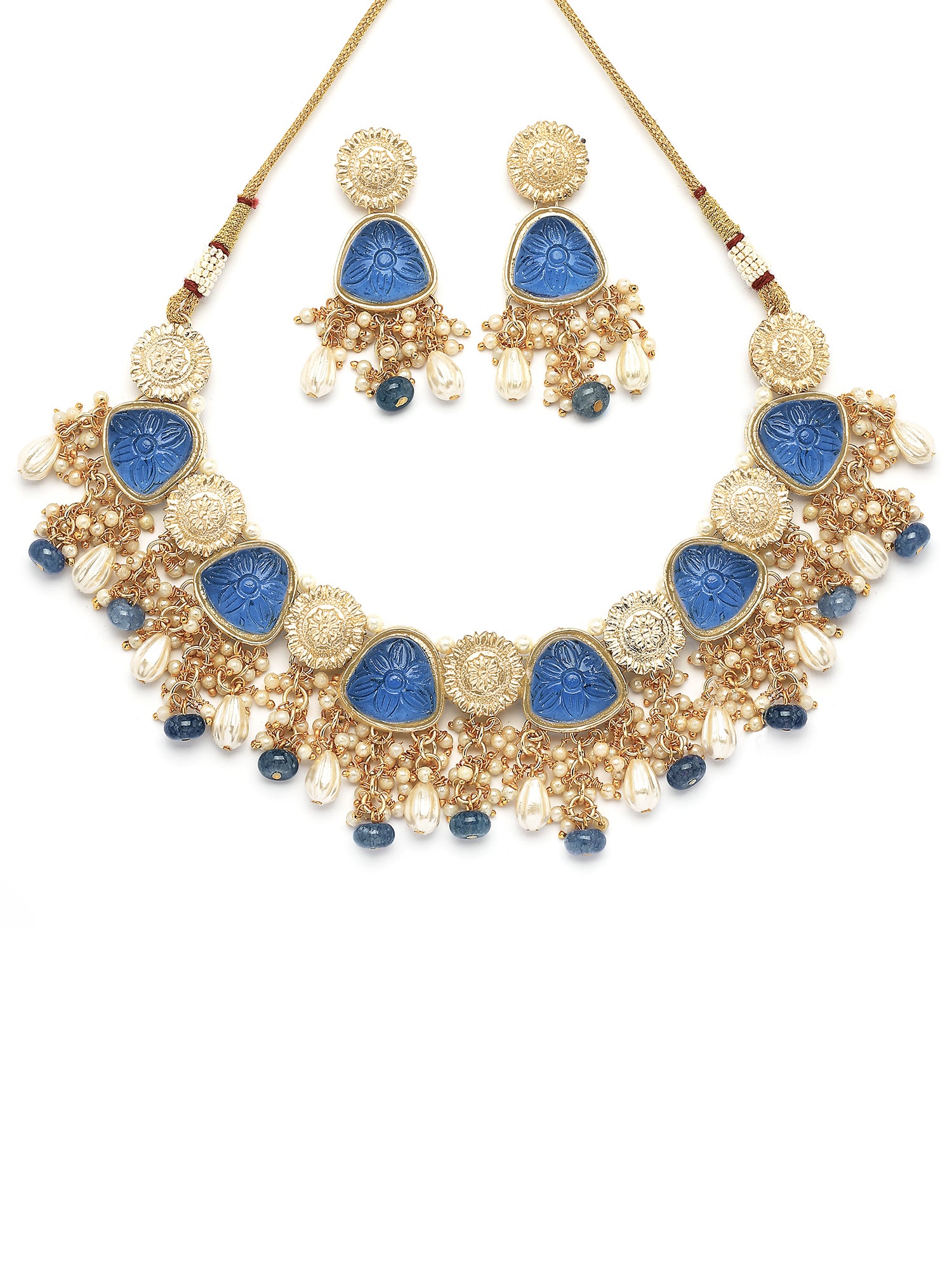 KARATCART Traditional Gold-Plated Blue Carved Stone Kundan Choker Necklace Set for Women - view 4