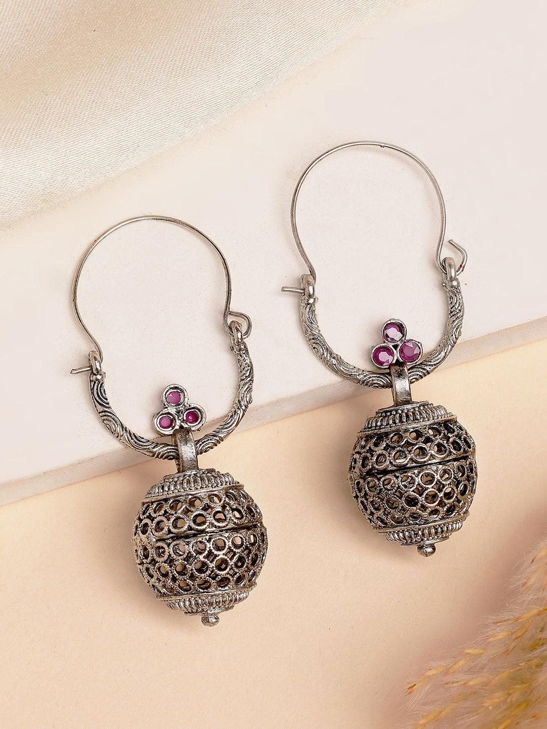 Karatcart Oxidized Silver Pink Stone Hollow Ball Drop Earrings for Women