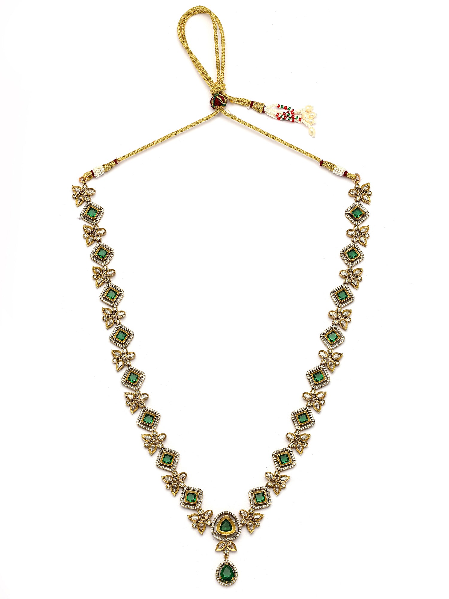 KARATCART Traditional Gold-Plated Green American Diamond Rani Haar Jewellery Set for Women - view 5