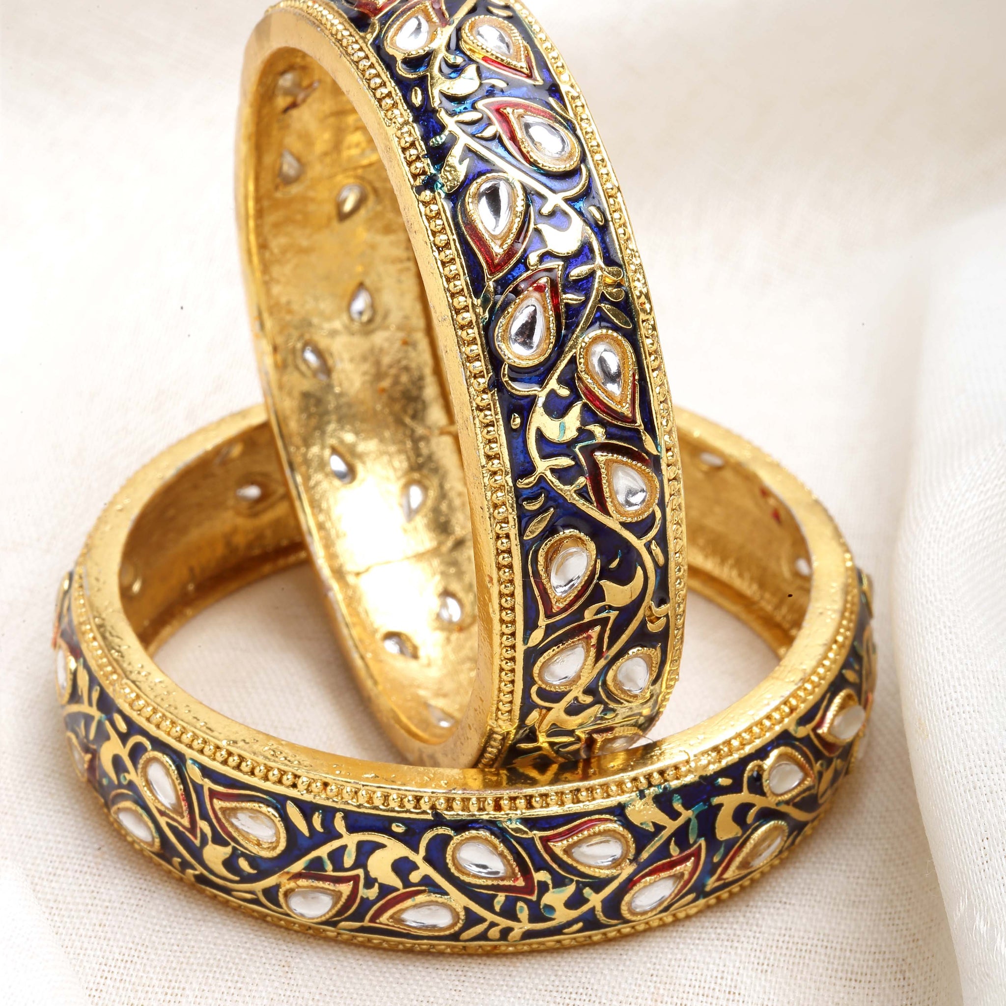 Karatcart Set of 2 Antique Blue Meena Gold Plated Bangles for Women