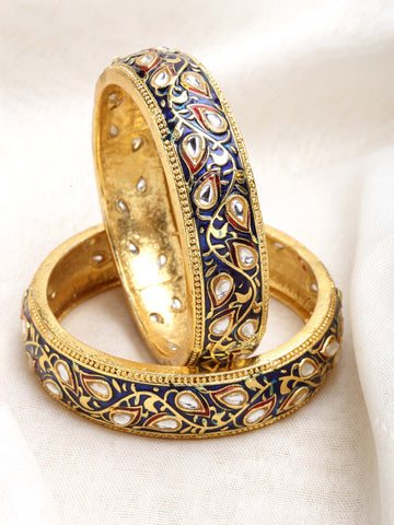 Karatcart Set of 2 Antique Blue Meena Gold Plated Bangles for Women