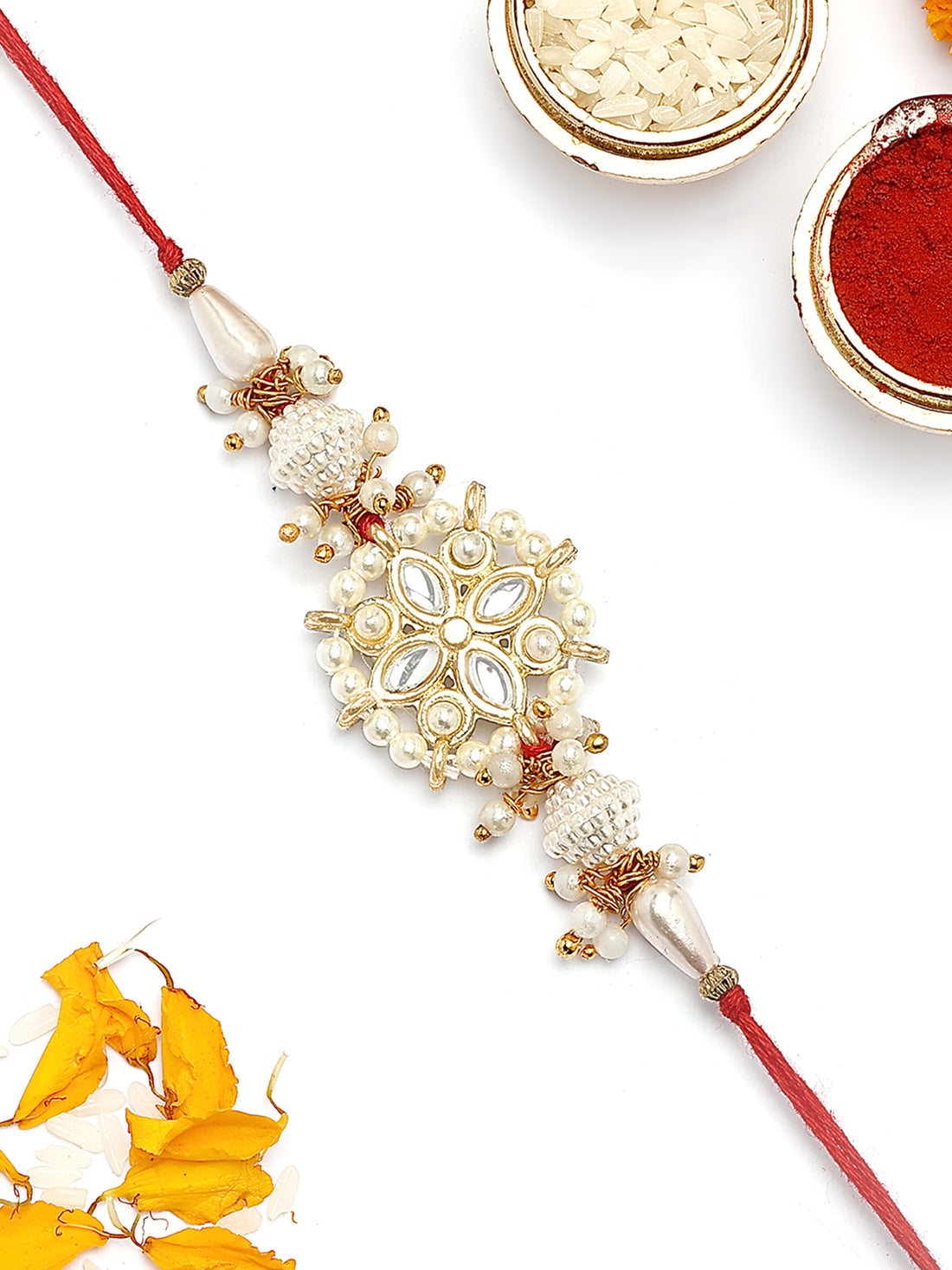 KARATCART Gold Plated White Meena and Pearl Floral Kundan Bhaiya Rakhi with Roli & Chawal