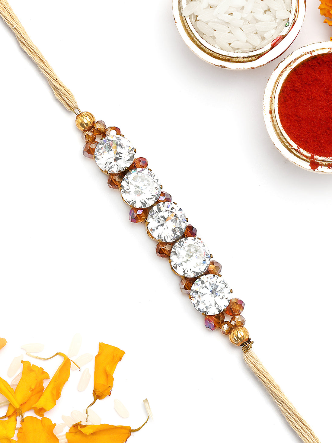 KARATCART Brown Crystal and Rhinestones Bhaiya Rakhi with Roli & Chawal