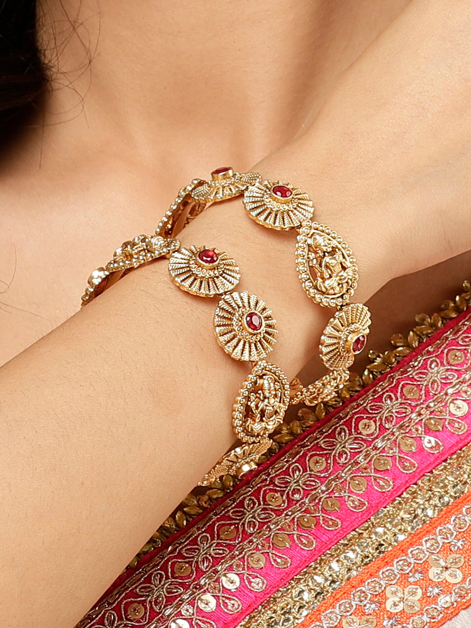 Karatcart Set of 2 Gold Plated Laxmi Mata Design Red Stone Bangles for Women - view 3