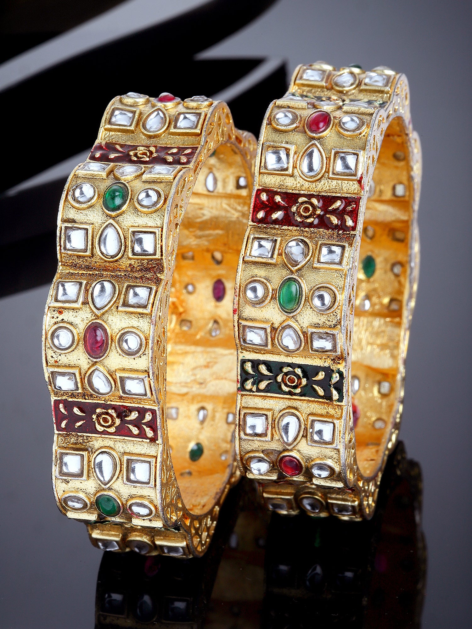 Karatcart Gold Plated Red and Green Meena Kundan Studded Bangles Set for Women