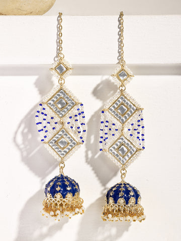 KARATCART Designer Gold-Plated Blue Meena and Kundan Jhumki Earrings for Women