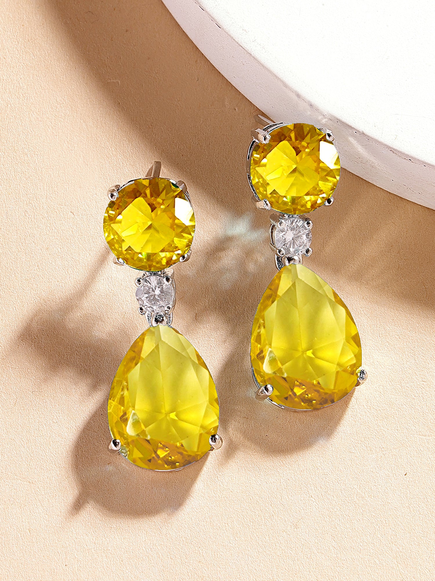 Karatcart Luxurious Yellow American Diamond Stone Drop Earrings for Women