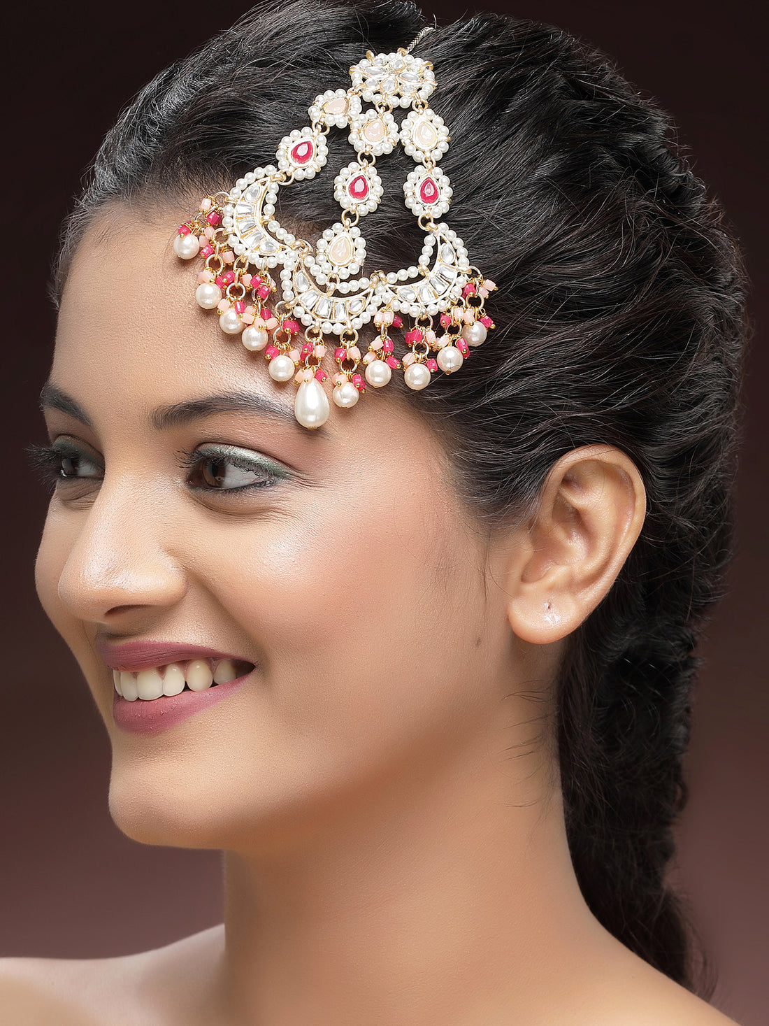 KARATCART Traditional Gold-Plated Red and Peach Crystal Studded Kundan Passa for Women