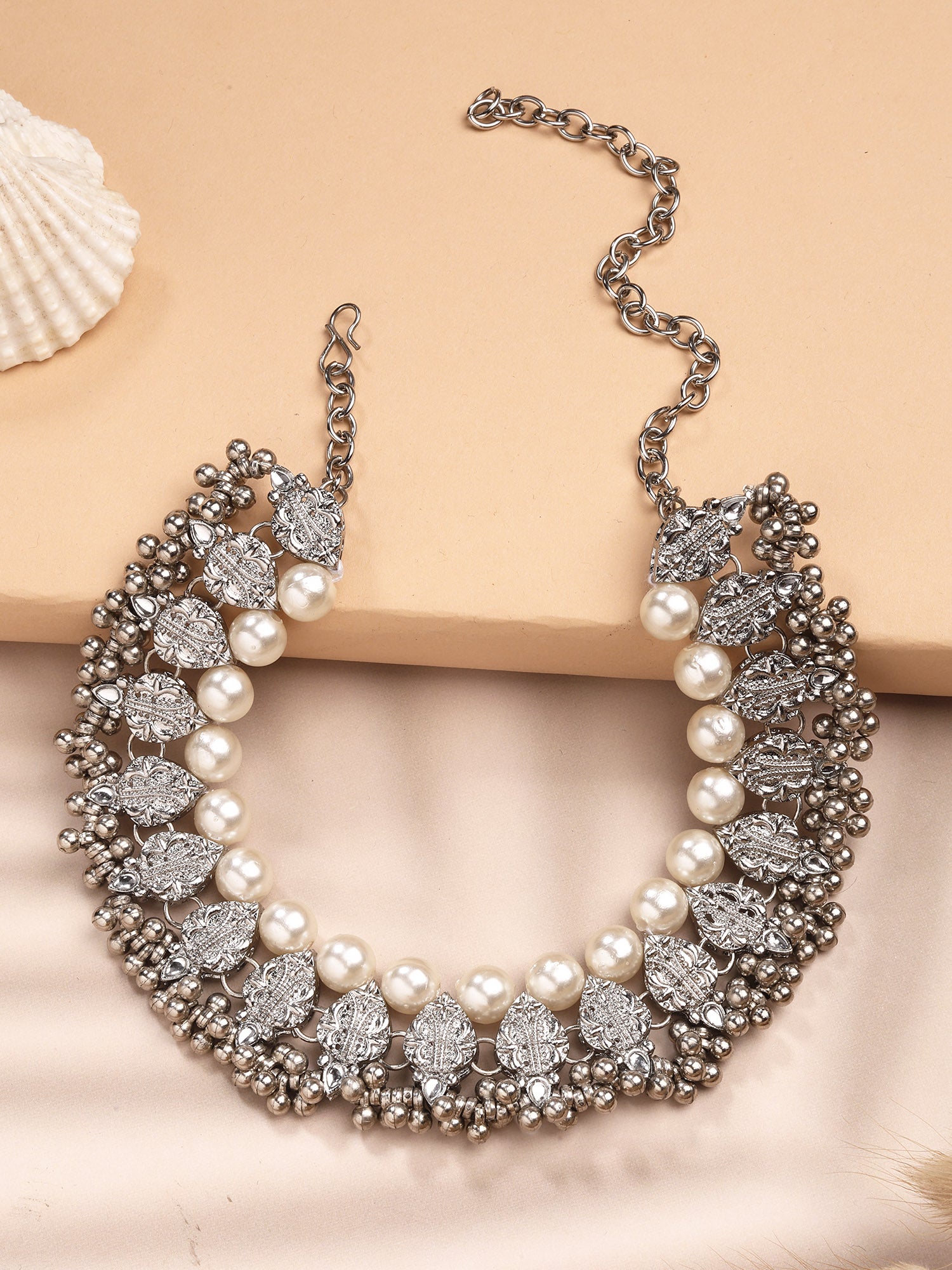 Karatcart Traditional Oxidised Silver Kundan Hair Juda with Pearl Embellishments for Women