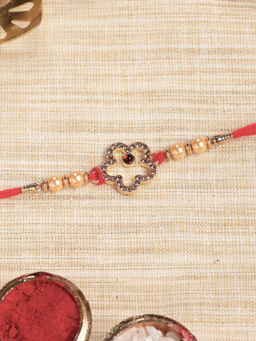 KARATCART Gold Plated Brown American Diamond Bhaiya Rakhi with Roli & Chawal
