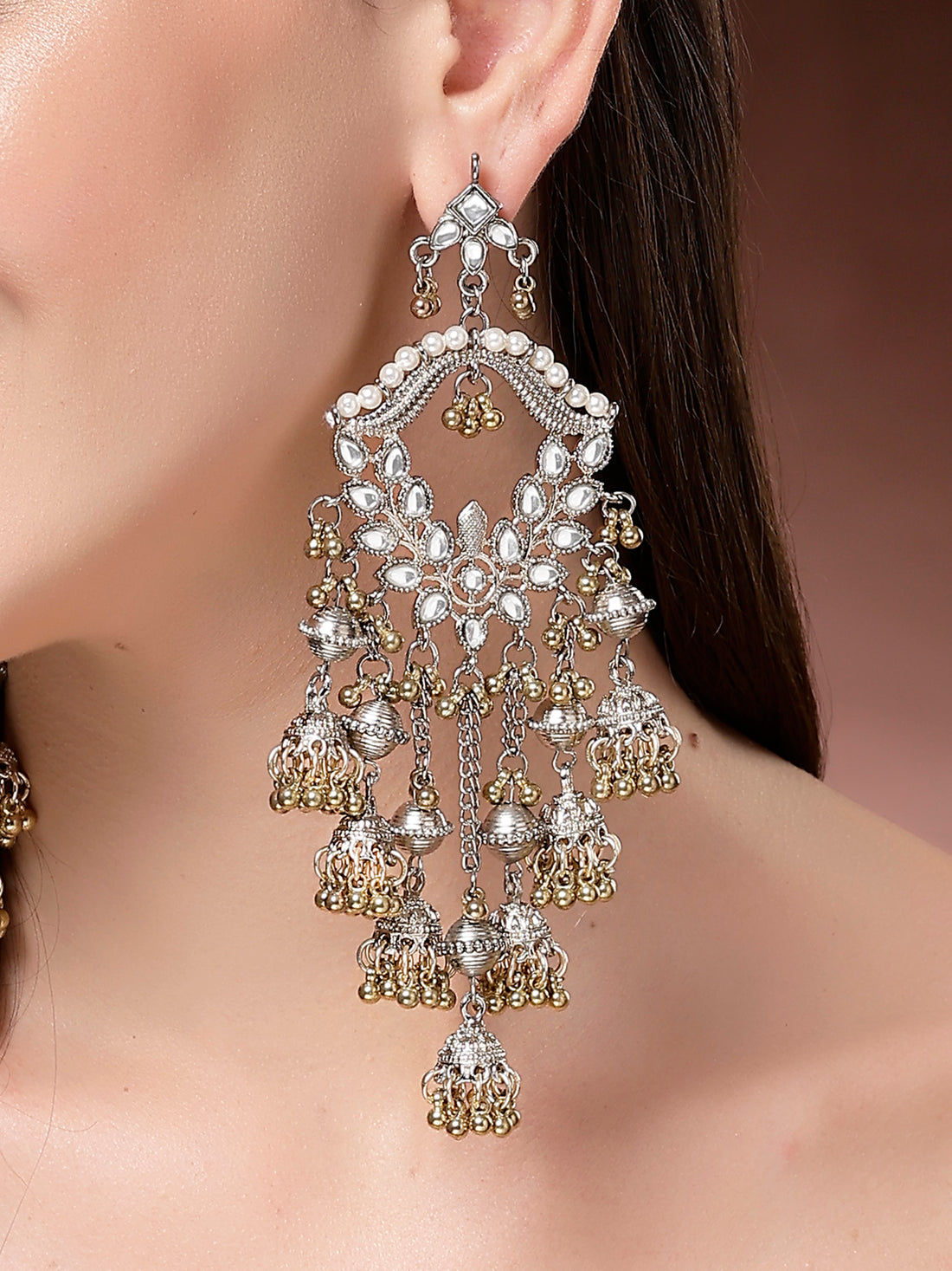 Karatcart Oxidized Silver Kundan Dangler Earrings with Golden Ghungroo Jhumkis