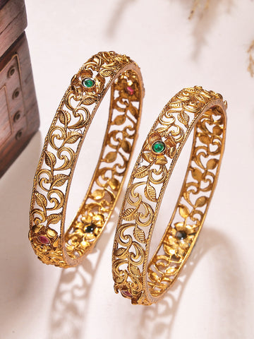 Karatcart Set of 2 Antique Gold Plated Floral Cutwork Bangles for Women