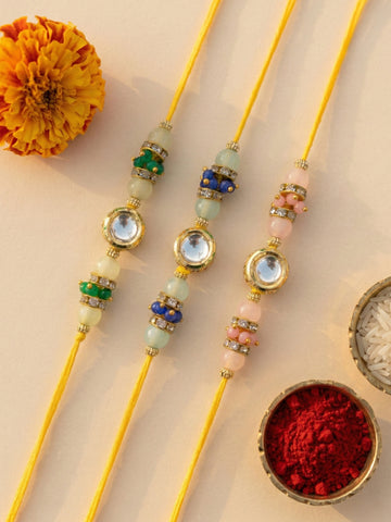KARATCART Set of 3 Multicolor Beaded Polki Kundan Rakhi for Brother with Roli & Chawal