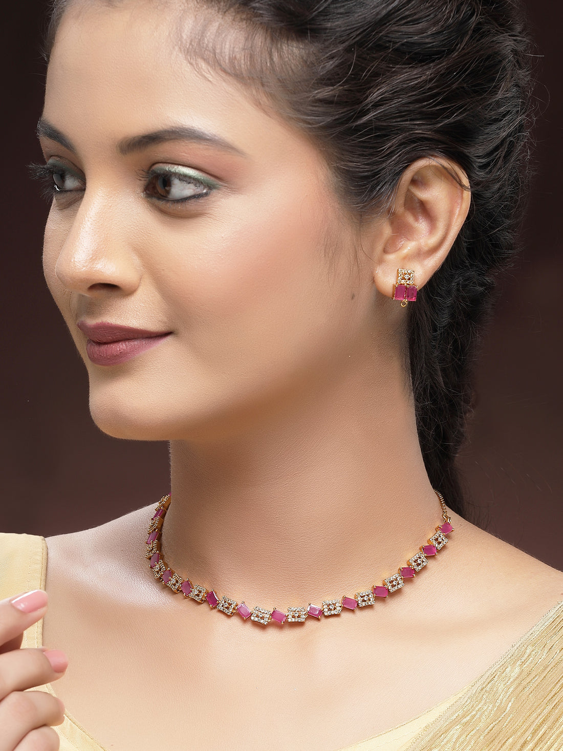 KARATCART Stylish Gold-Plated Red and White American Diamond Jewellery Set for Women