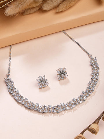 Karatcart Silver Plated American Diamond Floral Necklace Set for Women